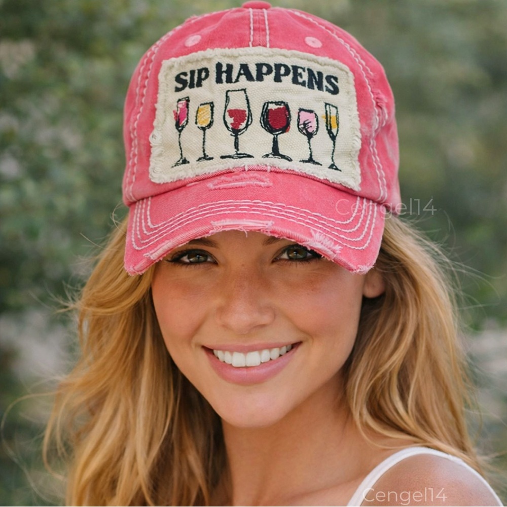 KBETHOS Sip Happens Wine Distressed Baseball Cap NWOT